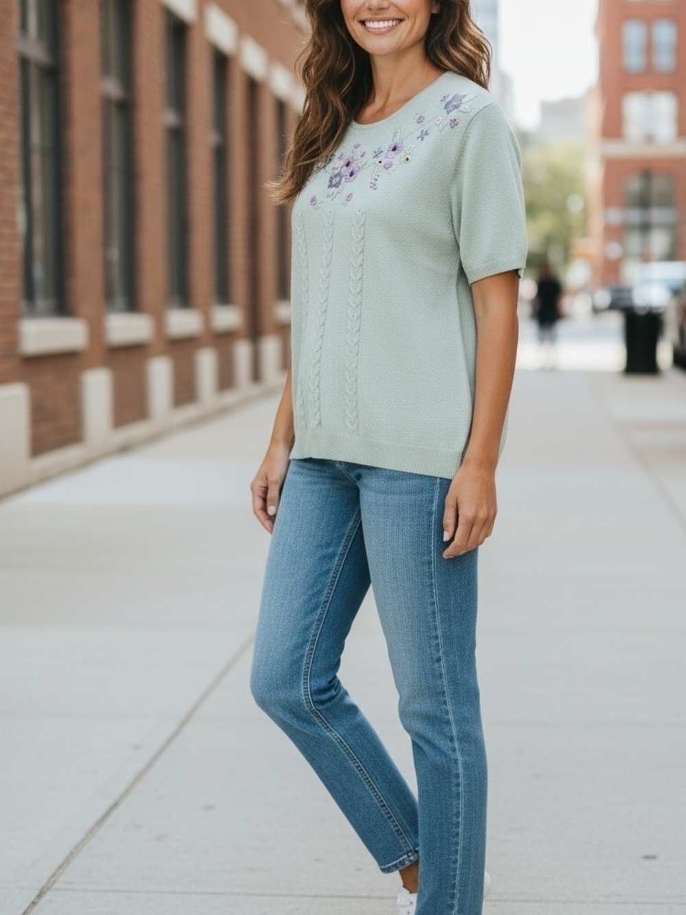 VTG Tan Jay Embroidered Purple Flower Cable Knit Short Sleeve Top L Mint Green